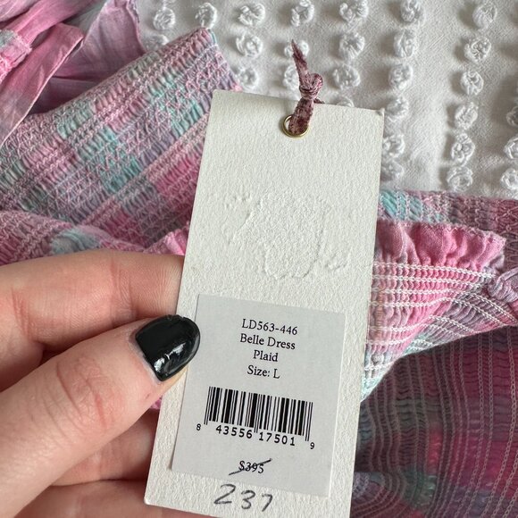 NWT LoveShackFancy Belle Mini Dress Pink Plaid Large Tie Shoulder Straps Smocked - Picture 3 of 10